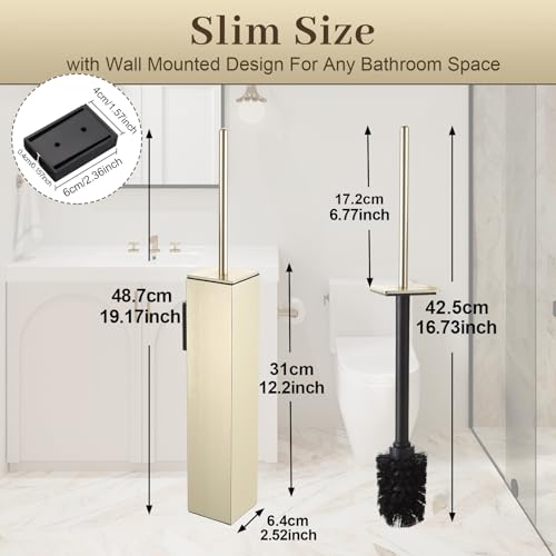 Toilet Brush and Holder Wall Mounted, Brushed Gold Aluminum with 2 Replaceable Heads, Bathroom Toilet Brush, Drill or 3M Adhesive Mount, Removable Liner and Splash Guard, Modern Square Design - color: Brushed Gold-wall Mounted