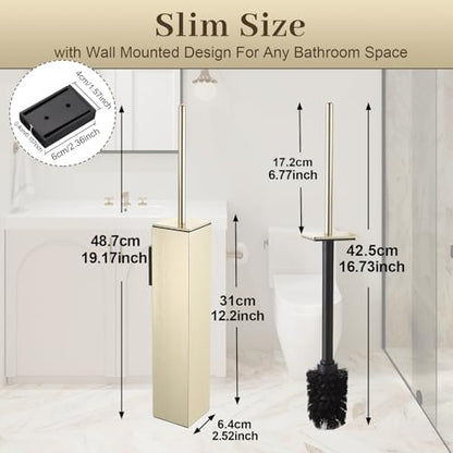 Toilet Brush and Holder Wall Mounted, Brushed Gold Aluminum with 2 Replaceable Heads, Bathroom Toilet Brush, Drill or 3M Adhesive Mount, Removable Liner and Splash Guard, Modern Square Design - color: Brushed Gold-wall Mounted