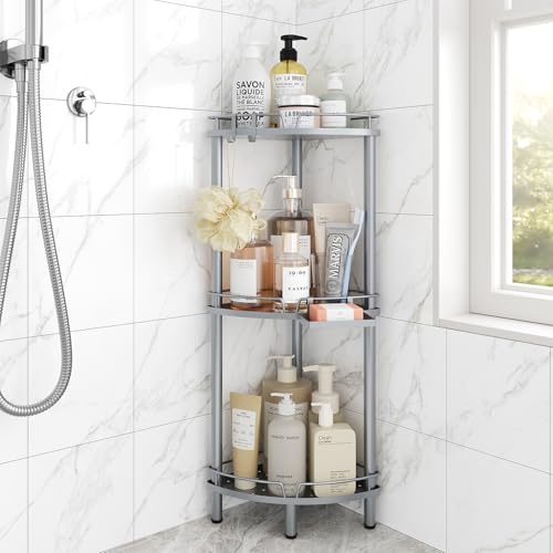 ELYKEN Corner Shower Caddy Standing, 3 Tier Metal Shower Organizer, Silver | Stainless Steel Shower Shelves with Soap Holder, Adjustable Feet & 2 Hooks for Storing Bath Essentials in Bathroom corner - color: Silver, size: 3 Tier