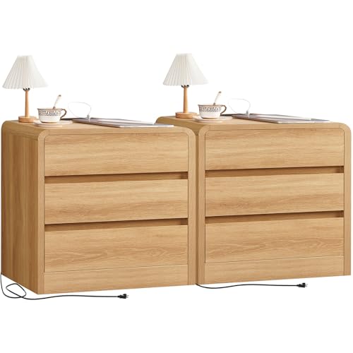 Nightstands Set of 2, Night Stand with 3 Storage Drawer and Charging Station, Modern End Tables Wide Night Stands for Bedroom Sofa Couch Home Office, Natural - color: Unbzx026rd2-zf