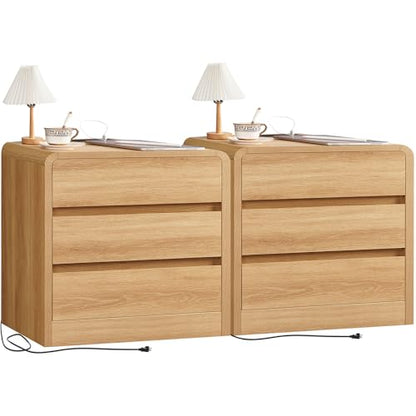Nightstands Set of 2, Night Stand with 3 Storage Drawer and Charging Station, Modern End Tables Wide Night Stands for Bedroom Sofa Couch Home Office, Natural - color: Unbzx026rd2-zf
