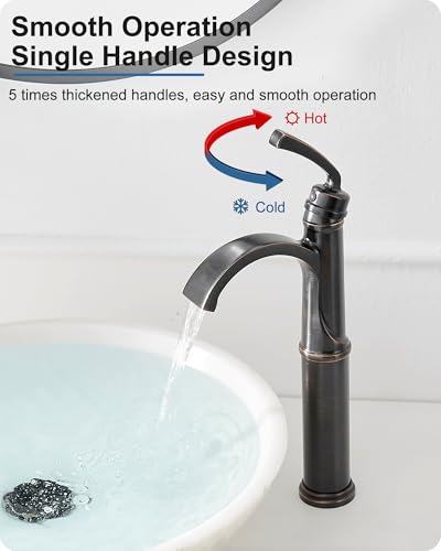 Waterfall Vessel Sink Faucet Oil Rubbed Bronze, Brass Tall Bathroom Faucet with Pop-up Drain, cUPC Supply Hoses, Single Handle for Vanity, Farmhouse, 1 Hole Vessel Sink, 5 Mins Quick Install - color: Oil Rubbed Bronze