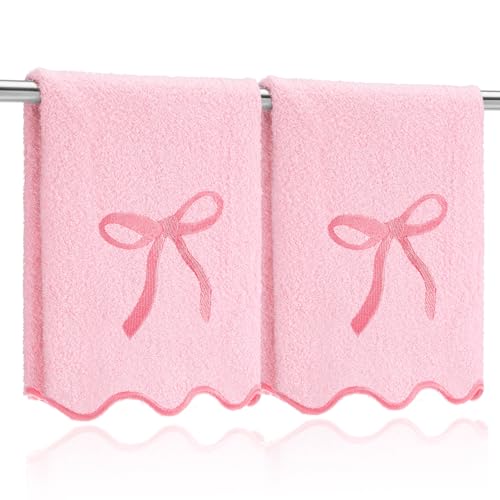 SmoothNovelty 2 Pcs Scalloped Pink Bow Fingertip Towels for Bathroom 12 x 18 Inch Small Fingertip Towels with Embroidery Coquette Bow 100% Cotton Soft Absorbent Guest and Housewarming Gift
