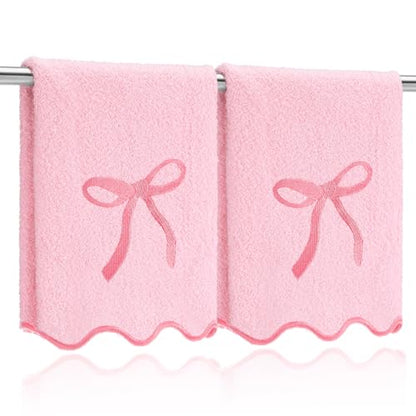 SmoothNovelty 2 Pcs Scalloped Pink Bow Fingertip Towels for Bathroom 12 x 18 Inch Small Fingertip Towels with Embroidery Coquette Bow 100% Cotton Soft Absorbent Guest and Housewarming Gift