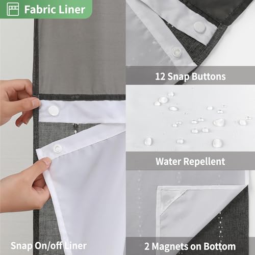eachope No Hook Long Shower Curtain Set with Snap-in Fabric Liner,Linen Textured Thick Striped Fabric with Tassels,Boho Farmhouse Rustic Luxury Bathroom Curtain,Water-Repellent,Charcoal Grey,71x80 | 230GSM Thick Fabric,Hotel Luxury Decor,Mesh Top Window,W