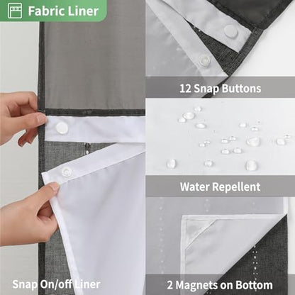 eachope No Hook Long Shower Curtain Set with Snap-in Fabric Liner,Linen Textured Thick Striped Fabric with Tassels,Boho Farmhouse Rustic Luxury Bathroom Curtain,Water-Repellent,Charcoal Grey,71x80 | 230GSM Thick Fabric,Hotel Luxury Decor,Mesh Top Window,W