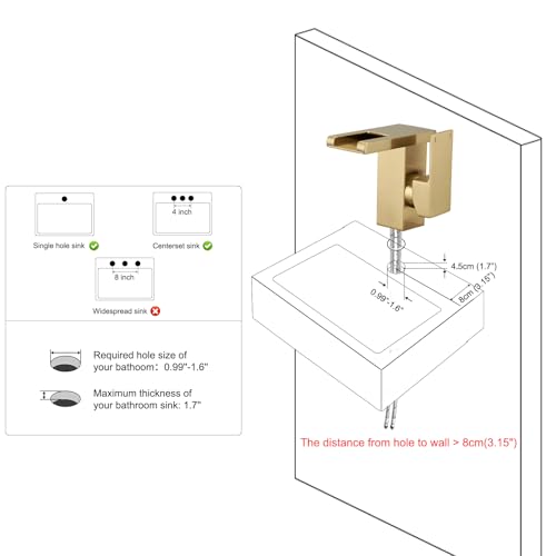 Hoimpro LED Bathroom Faucet 1 Hole, Single Handle Sink Faucets Brushed Gold | Waterfall Widespread Faucet, 3 Colors Light Changing, with Pop-up Drain & cUPC Supply Lines, for Sink Vanity RV Restroom - color: Brushed Gold