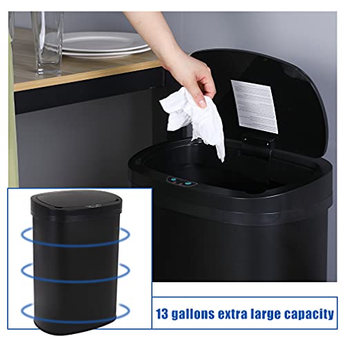 13 Gallon 50 Liter Garbage Can Kitchen Trash Can with Lid Automatic Sensor Touch Free Stainless Steel Waste Bin for Bathroom Bedroom Home Office,Black - color: Black, style: Stainless Steel