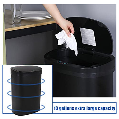 13 Gallon 50 Liter Garbage Can Kitchen Trash Can with Lid Automatic Sensor Touch Free Stainless Steel Waste Bin for Bathroom Bedroom Home Office,Black - color: Black, style: Stainless Steel