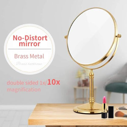 Gold Makeup Mirror 1X/10X Free Standing for Bathroom 8 Inches 360 Swivel Dual-Sided Tabletop Makeup Mirror, Metal - color: Gold Without Light