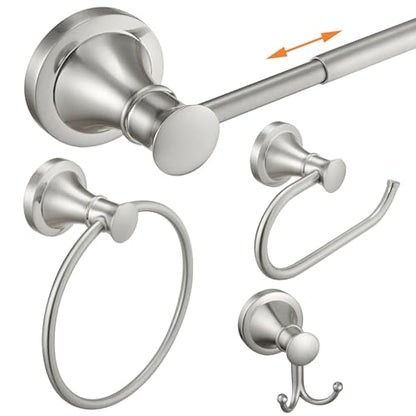 Hoimpro Brushed Nickel 4-Piece Bathroom Bath Set, Wall Mount Bathroom Hardware Fixture (Adjustable Towel Bar Rack, Towel Ring Holder, Paper Towel Holder, Double Towel Hook), Bathroom Accessories - color: Brushed Nickel