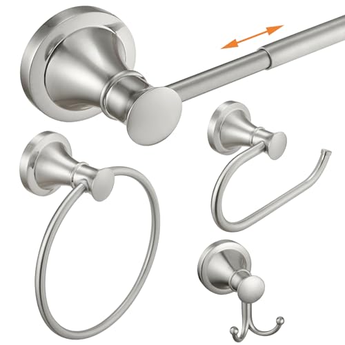 Hoimpro Brushed Nickel 4-Piece Bathroom Bath Set, Wall Mount Bathroom Hardware Fixture (Adjustable Towel Bar Rack, Towel Ring Holder, Paper Towel Holder, Double Towel Hook), Bathroom Accessories - color: Brushed Nickel