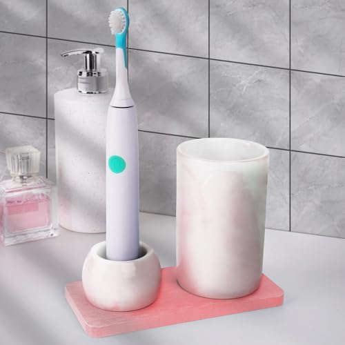 Ceramic Toothbrush Holder & Toothbrush Cup with Diatomite Tray for Bathroom, Bathroom Tumbler Cups Reusable Toothbrush Mouthwash Cup, Shower Counter Storage Organizer (Pink) - color: Pink Combination