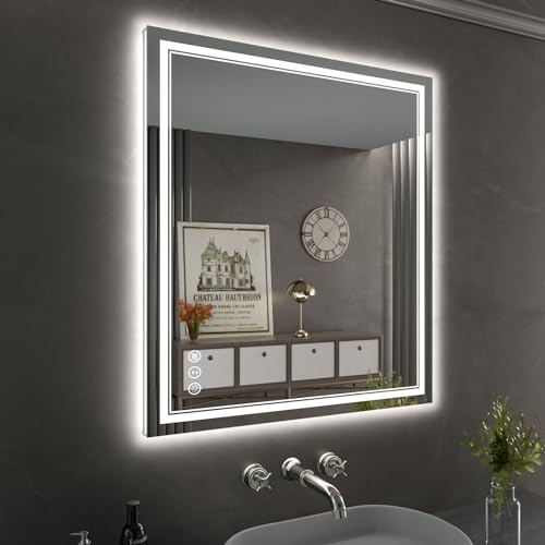 32x36 Inch LED Bathroom Mirror with Lights | Front and Backlit, 3 Colors, Dimmable, Memory, Anti Fog, Shatterproof, Horizontal/Vertical, Lighted Mirrors for Bathroom Wall - color: Dual Lights, size: 32"L x 36"W