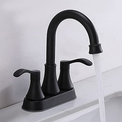 Lead-Free Antique 2 Handle Bathroom Sink Faucet, 360° Swivel High-Arc Spout 4-Inch Centerset Lavatory Vanity Faucets Set with Drain & Water Hoses, Matte Black