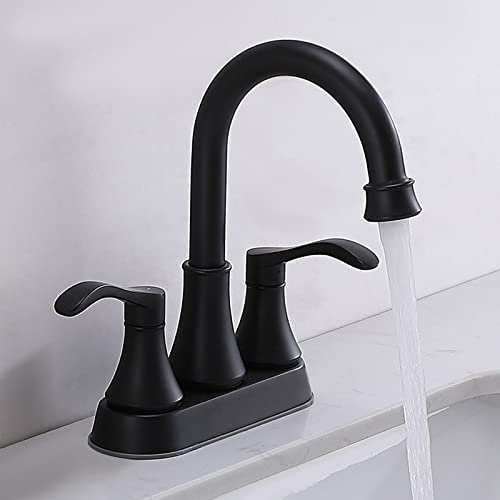 Lead-Free Antique 2 Handle Bathroom Sink Faucet, 360° Swivel High-Arc Spout 4-Inch Centerset Lavatory Vanity Faucets Set with Drain & Water Hoses, Matte Black