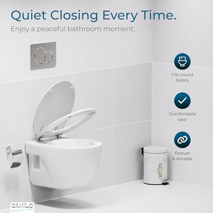 SANILO Wooden Toilet Seat with Soft Close [ROUND] - Decorative, Quiet & Slow Close Molded Wood Seat - With Strong Bumpers & Hinges - Adjustable Fit – White Wood - color: White Wood