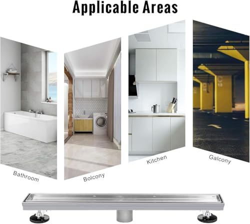 SaniteModar 24 inch Linear Shower Drain Brushed with Tile Insert Grate | AISI 304 Stainless Steel Brushed Shower Floor Drain Rectangle Linear Drain with Hair Fliter and Adjustable Feet - color: Stainless Steel, size: 24 inch