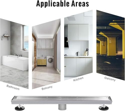 SaniteModar 36 inch Linear Shower Drain Brushed with Tile Insert Grate | AISI 304 Stainless Steel Brushed Shower Floor Drain Rectangle Linear Drain with Hair Fliter and Adjustable Feet - color: Stainless Steel, size: 36 inch