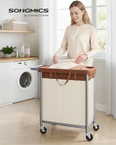 SONGMICS Laundry Basket with Wheels, 2-Section, 37.0 Gallons (140 L) | Rolling Laundry Hamper, Removable Liner, Steel Frame with Handle, 27.2 x 15.4 x 31.9 Inches, STEVIE Collection URLS004KQ02 - color: Coffee Brown + Cream White, size: 140 L (2-Section)
