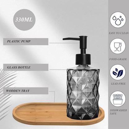 12oz Black Glass Hand and Dish Soap Dispenser Set, Diamond Design, Set of 2 | Bathroom Soap Dispenser with Plastic Pumps, Bamboo Tray for Hand Wash & Dish Wash, for Bathroom Kitchen Countertop - color: Black