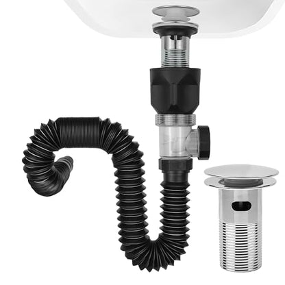 Bathroom Sink Drain Kit, with Flexible Expandable P-Trap Sink Drain Pipe, Fits 1-1/4",1-1/2" and 2'' Drain Hole, Built-in Anti-Clogging Stopper, Anti-Odor With Overflow - color: Black With Overflow, style: 1 Pack