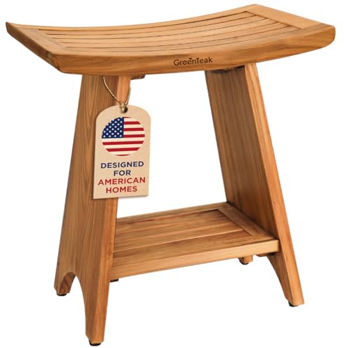 Premium 18" Teak Wood Shower Bench with Shelf - 2 Tier, Curved | Waterproof Teak Shower Stool, Non-Slip Feet for Enhanced Safety, Spa Bath Seat for Bathroom, Indoor & Outdoor, 300lb Capacity - color: Upgrade 18" 2-tier, Curved