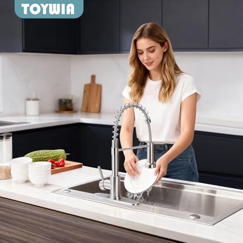 Kitchen Faucets with Pull Down Sprayer, Brushed Nickel Stainless Steel Single Handle Pull Out Spring Sink Faucet, 3 Function Sprayer 1 or 3 Hole Deck Plate for Farmhouse Laundry Rv Bar - color: Brushed Nickel, style: Classic