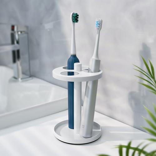 Electric Toothbrush Holder Stand for Bathroom: Stainless Steel Ventilated Organizer with Slots for Electric Toothbrushes & Razors, White - color: White