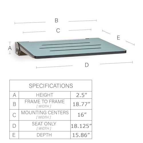 18 inch Silhouette Slimline Folding Wall Mount Shower Bench Seat, Teal Seat with Silver Frame - color: Teal Seat With Silver Frame