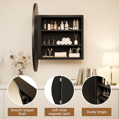 Black Medicine Cabinet Mirror, Wall Mounted Bathroom Vanity with Mirror, 20.47" Round Bathroom Medicine Cabinet with Storage Function, Removable Shelves, Metal, NO Assembly