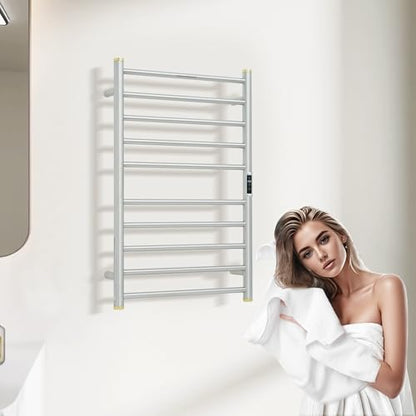Electric Towel Warmer Rack,Heating Towel Warmer,Timer & Temperature Control,Wall-Mounted Plug-in for Bathroom,Brushed,Stainless Steel,10-Bar(31.5x20.08x4.41in) - color: Round-matte Brushed With Gold Top, size: 10 Bars