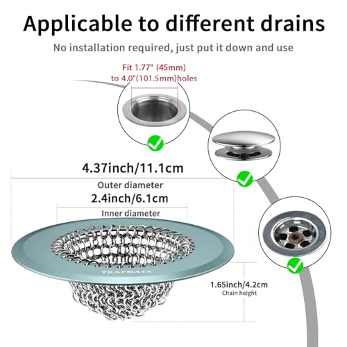 TRAPMATE Reversible Bathtub Drain Hair Catcher, Prevent Clogging Shower Drain Cover, Patend 304 Stainless Steel Drain Strainer for Regular & Pop-up Drain (Teal) - color: Teal Blue
