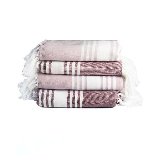 Salt Earth 100% Cotton Herringbone Turkish Beach Towel, Set of 4, 36"x72" - Soft, Quick Dry, Absorbent Towels for Bathroom, Home, Travel, Pool, Spa, Bath, Swim - Beach Towels Oversized - Red, Lavender - color: Red/Lavender, size: Pack of 4