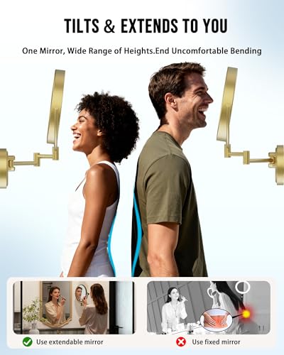 10" Brass Bathroom Large Wall Mount Makeup Mirror with Lights Extension Arm | Rechargeable, USB Charging, Touch Dimmable 3 Color LED Swing Shaving, 1/5X 2 Sided, Magnifying, Memory Function, Brushed Gold - color: Brushed Gold