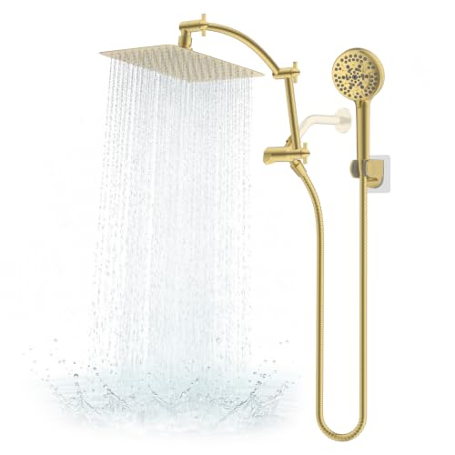 Hibbent Metal 10" High Pressure Rain Shower Head Combo, Brushed Gold | cUPC Certified Rainfall Shower Head with handheld 10 Sprays, 16'' Adjustable Extension Arm, 71'' Hose, Showerhead Holder - color: Brushed Gold, style: Square 10''