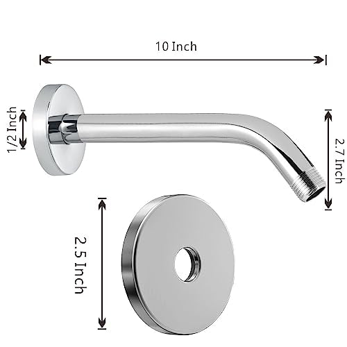 Voolan Shower Arm with Flange and Teflon Tape, Extension Shower Head Arm for Bathroom Fixed Shower Head, Solid Stainless Steel, Wall Mounted (10 Inch, Chrome) - color: Chrome, style: 10 Inch