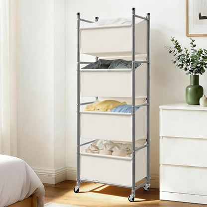 180L 4-Tier Rolling Laundry Hamper with Easy Access Removable Bag, Vertical Laundry Sorter Cart with Wheels & Brakes for Small Spaces, Dorm, Bedroom, Bathroom, Laundry Room, Beige