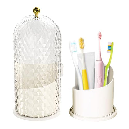 Multifunctional Rotating Toothbrush Holders with Sliding Lid, The 3-Slot Bathroom Countertop Vanity Organizer Perfect for Tooth Brush, Toothpaste, and Makeup Brushes Holder Storage (White) - color: White