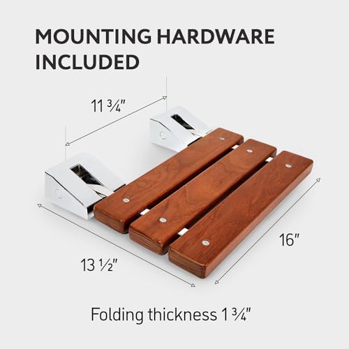 Folding Shower Seat - Wall Mounted - 16 Inch - Fold Down - Teak | Floating In Shower Bench - Fold Up Bathroom Stool - Foldable Teak Wood Chair with Stainless Steel Wall Mount - 330lb Capacity