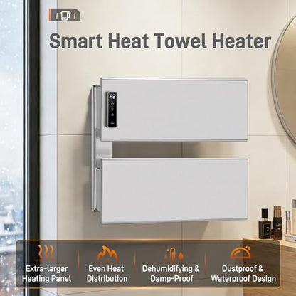 Wall Mounted Towel Warmer Rack with Adjustable Temperature (104-140°F) and Timer Control | Fast Heating Electric Towel Heater for Bathroom 18.11" x 13.11" Bluetooth & Wi-Fi App Control