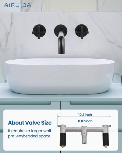 Airuida Solid Brass Matte Black Wall Mount Bathroom Faucet | 360° Swivel Spout,Rough in Valve,2 Cross Handle,3 Hole,Widespread - color: Matte Black