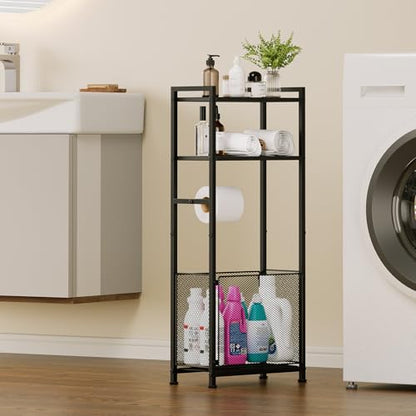 Free Standing Toilet Paper Holder Stand with Shelf, Bathroom Tissue Storage Stand Toilet Roll Dispenser Storage Rack for Phone, Wet Wipe, Bathroom Storage and Organizer Shelf for Small Space