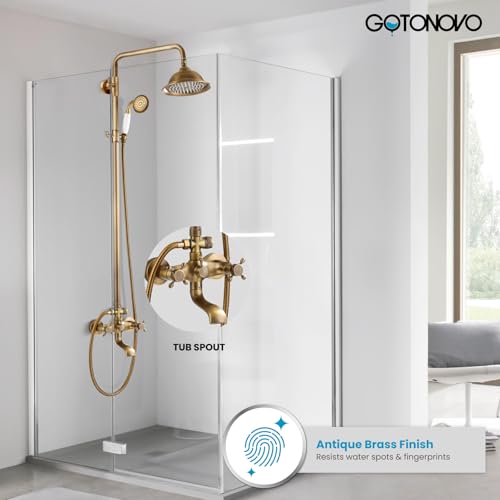 gotonovo Exposed Shower System with Spout,Antique Brass,No Shower Shelf | Brass Shower Faucet Set,8’’ Rain Head with Handheld Spray,Swivel Tub Spout,2 Cross Handle,6’’ Hole Distance,Adjustable Height - color: Antique Gold