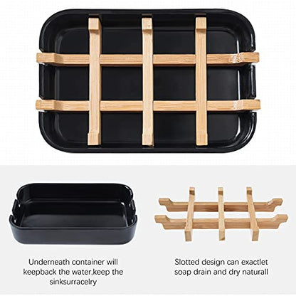 Soap Dishes for Bar Soap,2Pcs/Set Bathroom Soap Holder, Bamboo Soap Dishes Holder for Bathroom Shower, Sink Soap Dish, White&Black Soap Tray（White&Black） - color: Black&white