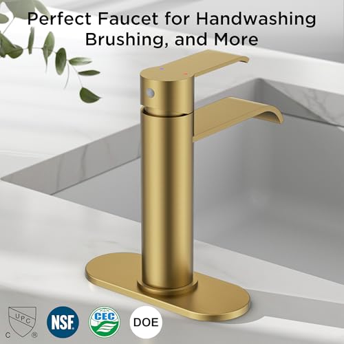 FORIOUS Brushed Gold Bathroom Faucet Single Hole, Gold Waterfall Faucet | 1 Hole Waterfall Bathroom Faucet Gold, Single Handle Gold Vanity Faucet for Bthroom Sink One Hole with Deck Plate and Drain - color: Brushed Gold