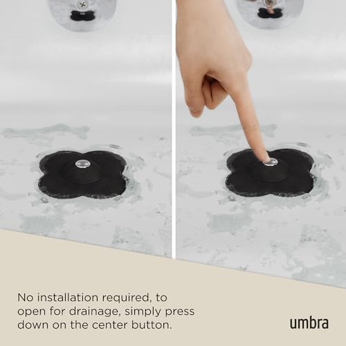 Umbra Bloom Drain Stop, Bathtub Drain Hair Catcher, 3-Inch, Black | Silicone material, flexible and durable, fits standard drains, wipe or rinse clean, rust resistant - color: Black
