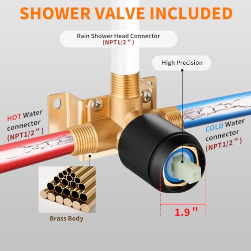 Black Shower Faucet Single Function Trim Kit with Rough-in Valve Set Bath Rainfall Shower System 8inch Square Stainless Steel Metal Shower Head - color: Matte Black