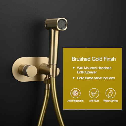Handheld Bidet Sprayer Set Concealed Hot and Cold Bidet Spray for Toilet with Brass Valve Warm Water Round Bidet Attachment Set for Feminine Hygiene, Pets and Baby Diaper Wash, Brushed Gold