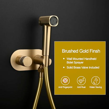 Handheld Bidet Sprayer Set Concealed Hot and Cold Bidet Spray for Toilet with Brass Valve Warm Water Round Bidet Attachment Set for Feminine Hygiene, Pets and Baby Diaper Wash, Brushed Gold